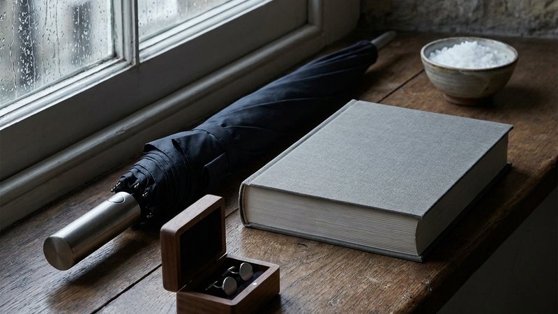Still life of a folded black umbrella, a gray cloth-bound book, silver cufflinks in a small wooden box and a bowl of flaky salt on a window seat