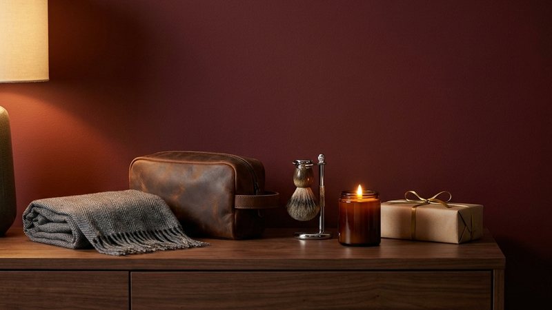 Still life of a herringbone scarf, a leather wash bag, a shaving brush, a lit candle and a kraft-wrapped gift on a walnut dresser against an oxblood wall